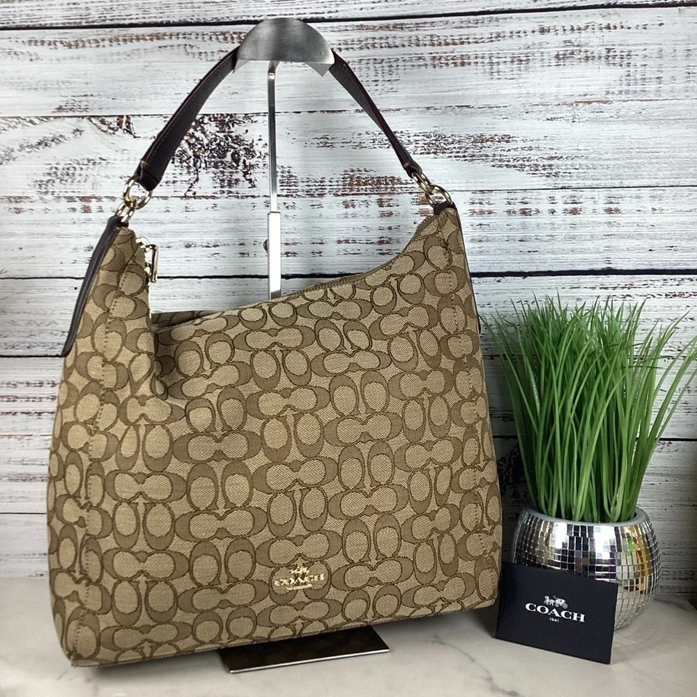 COACH HOBO BAG OUTLINE SIGNATURE CELESTE KHAKI TAN BROWN PURSE GUC - Picture 3 of 12